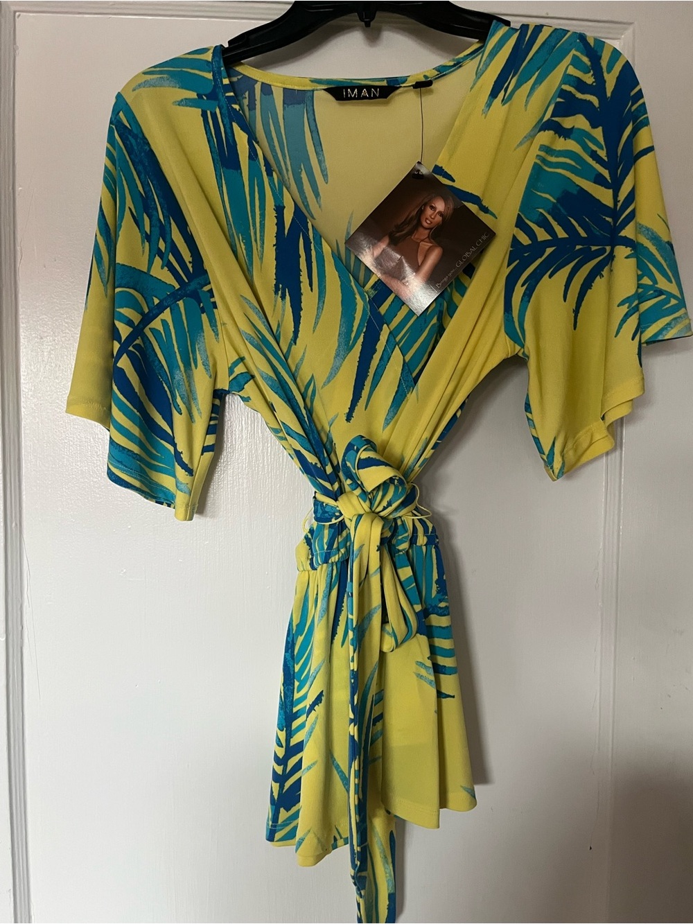 IMAN Yellow and Blue Tropical V-Neck Dress